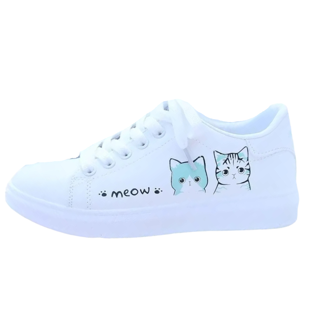 New Arrival Fashion Lace-up Women Sneakers Women Casual Shoes Printed summer Women Pu Shoes Cute Cat  Shoes