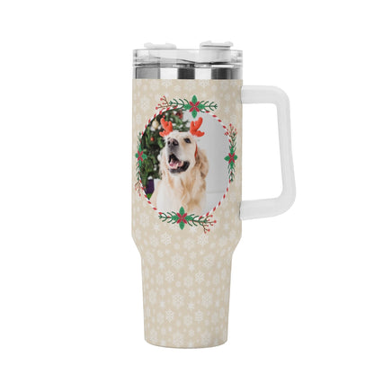 Personalized 40oz Stainless Steel Travel Mug with White Handle & Straw - HOT & COLD Insulated, Great for Coffee & Water