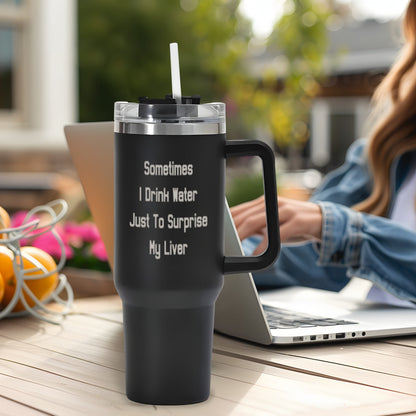 Custom Engraved 40oz Stainless Steel Tumbler with Handle and Straw - Stylish and Reusable Travel Mug for Cup Holders