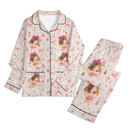 Childrens Long Sleeve Pajama Set with Chest Pocket - Soft & Breathable Polyester Cotton Knit Pajamas for Kids