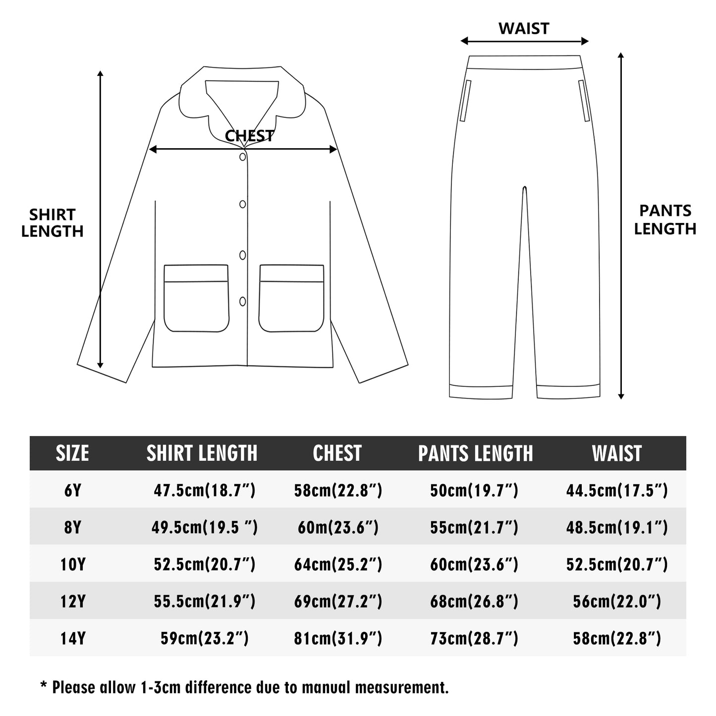 Childrens Long Sleeve Pajama Set with Chest Pocket - Soft & Breathable Polyester Cotton Knit Pajamas for Kids