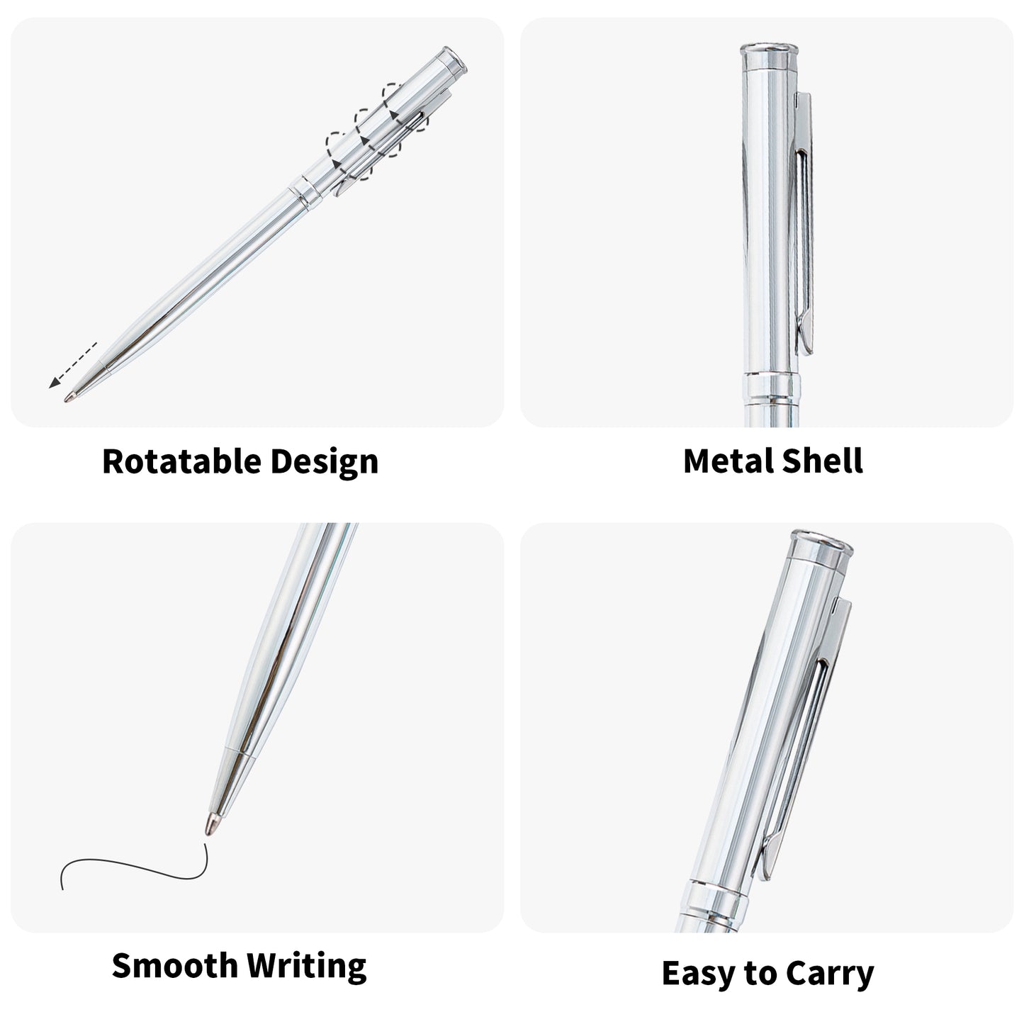 6-Pack Personalized Silver Metal Ballpoint Pens with Engraved Names & Logos | Comfortable Clip Design, Durable, & Ideal for Gifts | Smooth Writing Experience