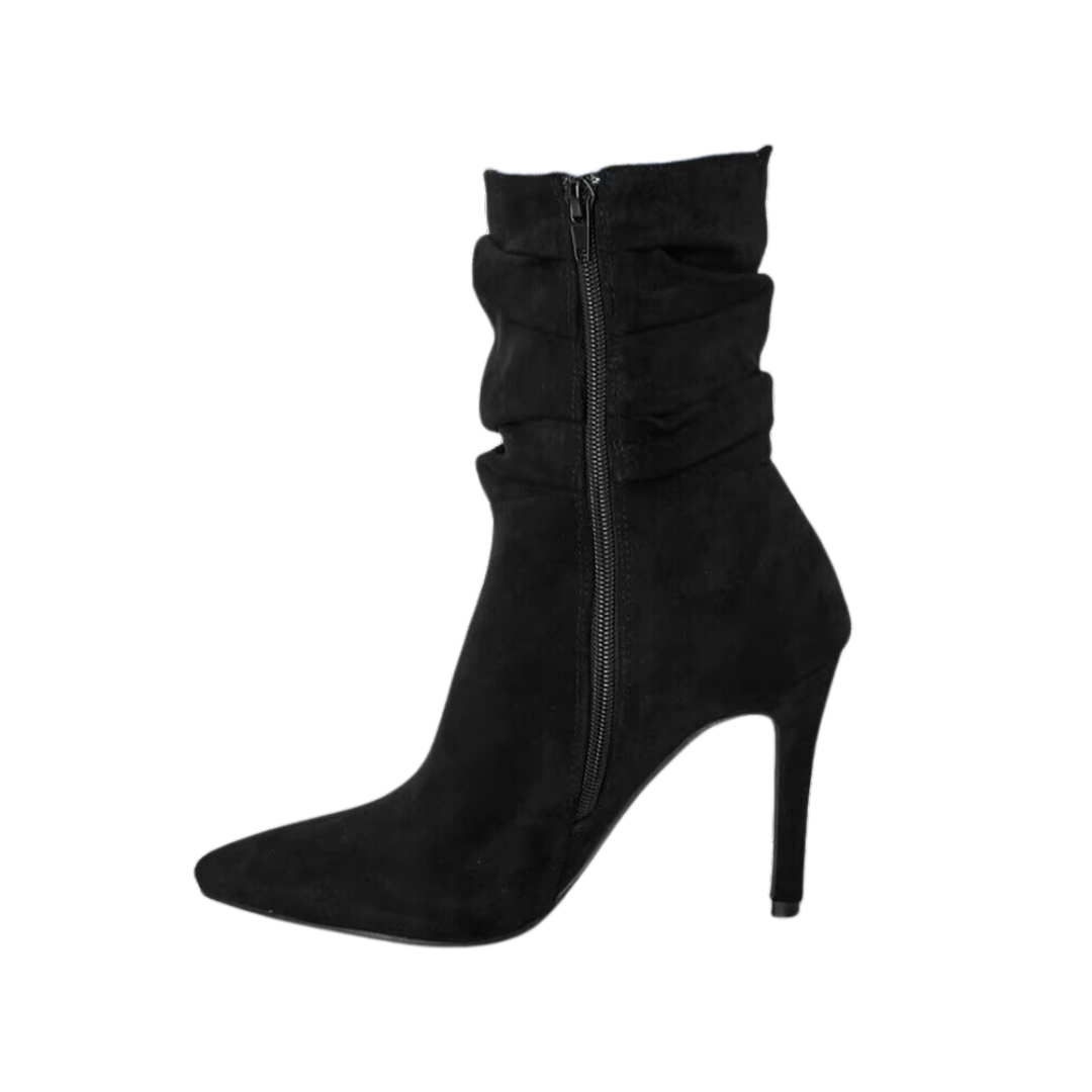 Women's Fashion Imitation Deer Skin Pointed Side Zipper Pleated Thin High Heel Mid Length Boots