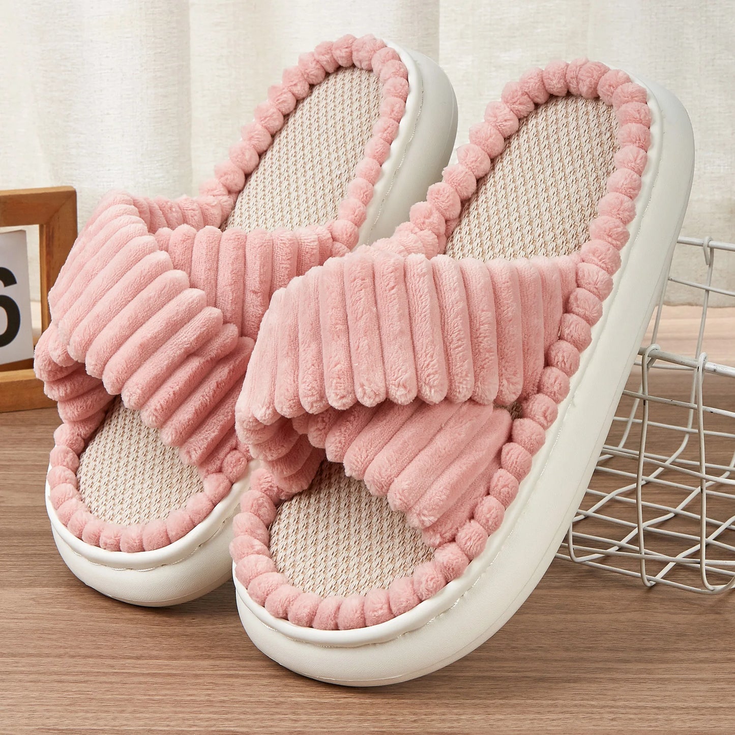 Winter Solid Linen Slippers Women Home Slippers Open-Toe Cross Band Linen Soled Indoor Slides Non Slip Indoor platform Slipper