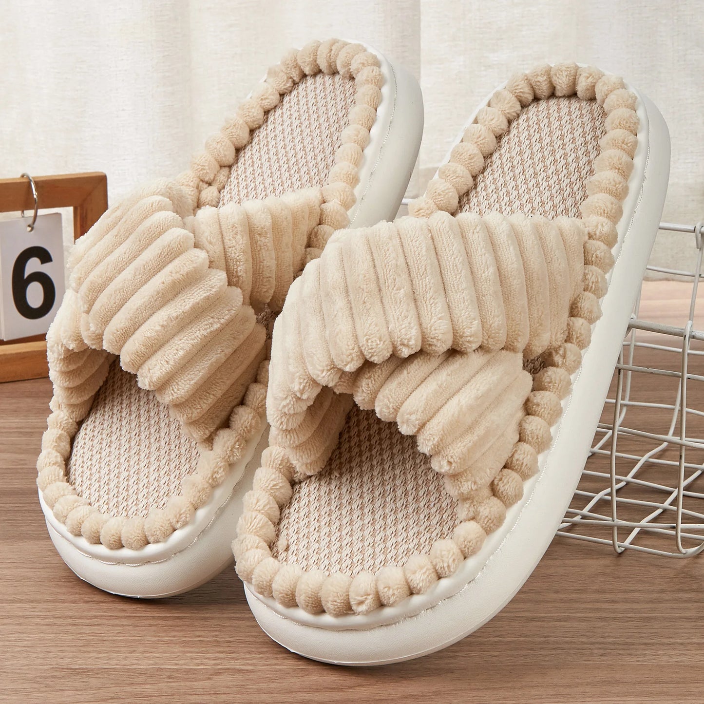 Winter Solid Linen Slippers Women Home Slippers Open-Toe Cross Band Linen Soled Indoor Slides Non Slip Indoor platform Slipper