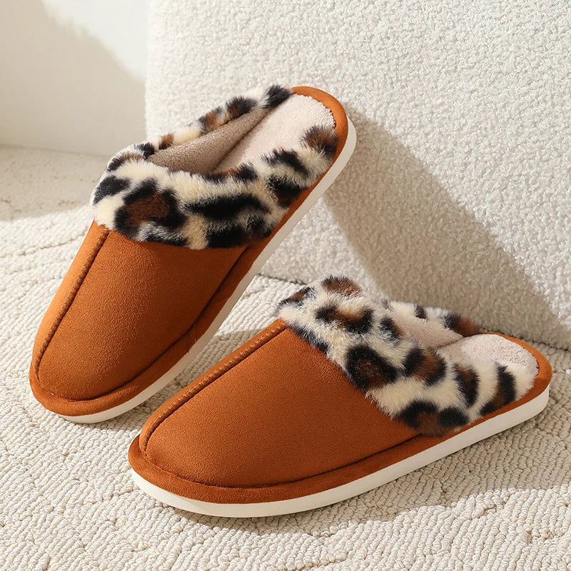 Leopard Print - Indoor Floor Slippers - Warm Plush Home Slides