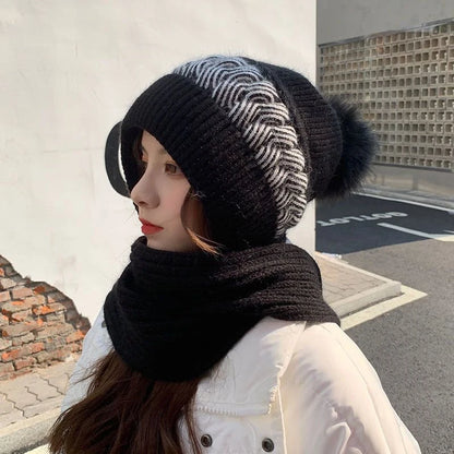 Scarf One Piece Hat - Windproof Woolen Hat - Thickened Knitted Hooded Cap Shawl hats neck warmer bonnet