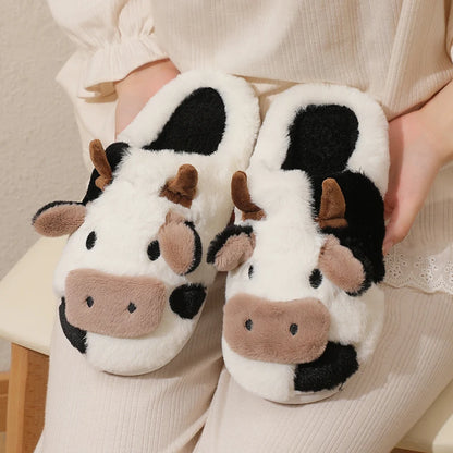 New Winter Unisex Cartoon Cow Warm Plush Slippers - Indoor Non-slip House Slides Men And Women