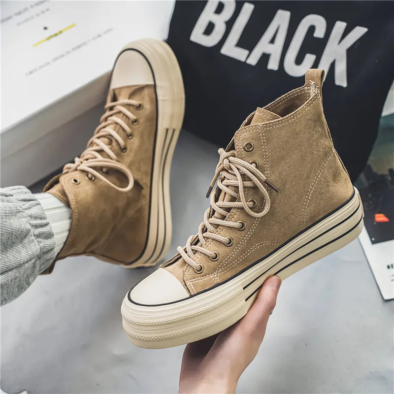 Brown Men's Canvas Shoes - High top Sneakers - Platform Vulcanized Shoes