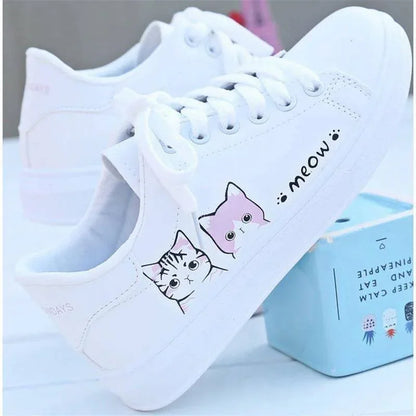 New Arrival Fashion Lace-up Women Sneakers Women Casual Shoes Printed summer Women Pu Shoes Cute Cat  Shoes