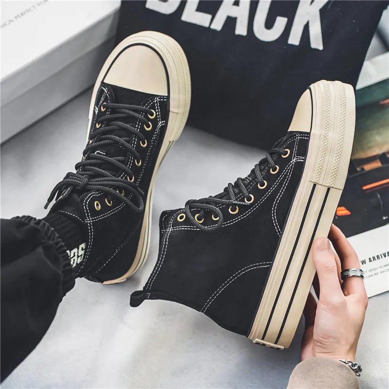 Brown Men's Canvas Shoes - High top Sneakers - Platform Vulcanized Shoes