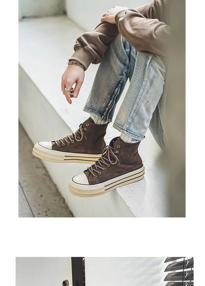 Brown Men's Canvas Shoes - High top Sneakers - Platform Vulcanized Shoes