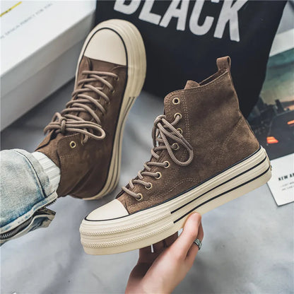 Brown Men's Canvas Shoes - High top Sneakers - Platform Vulcanized Shoes