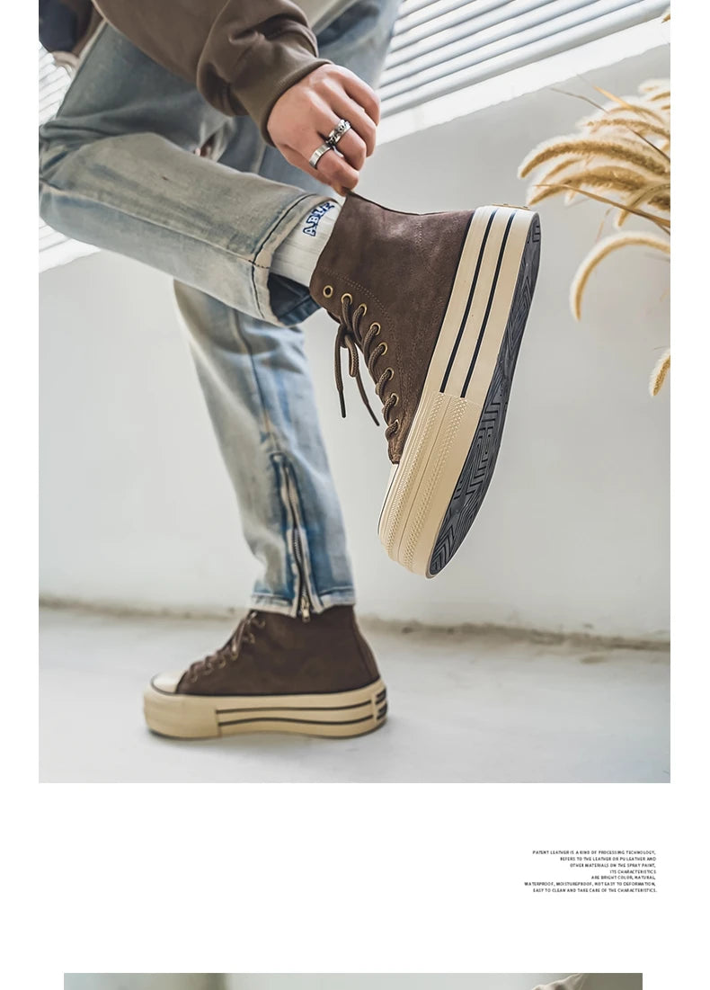 Brown Men's Canvas Shoes - High top Sneakers - Platform Vulcanized Shoes