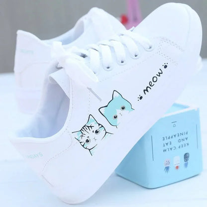 New Arrival Fashion Lace-up Women Sneakers Women Casual Shoes Printed summer Women Pu Shoes Cute Cat  Shoes