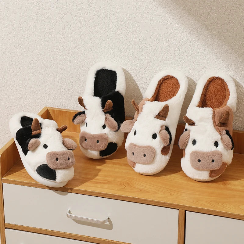 New Winter Unisex Cartoon Cow Warm Plush Slippers - Indoor Non-slip House Slides Men And Women