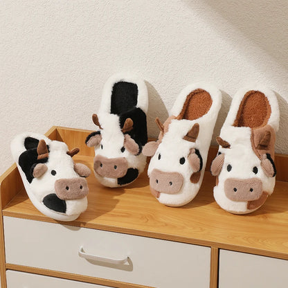 New Winter Unisex Cartoon Cow Warm Plush Slippers - Indoor Non-slip House Slides Men And Women