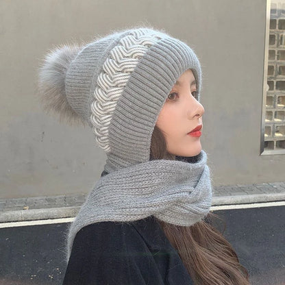 Scarf One Piece Hat - Windproof Woolen Hat - Thickened Knitted Hooded Cap Shawl hats neck warmer bonnet