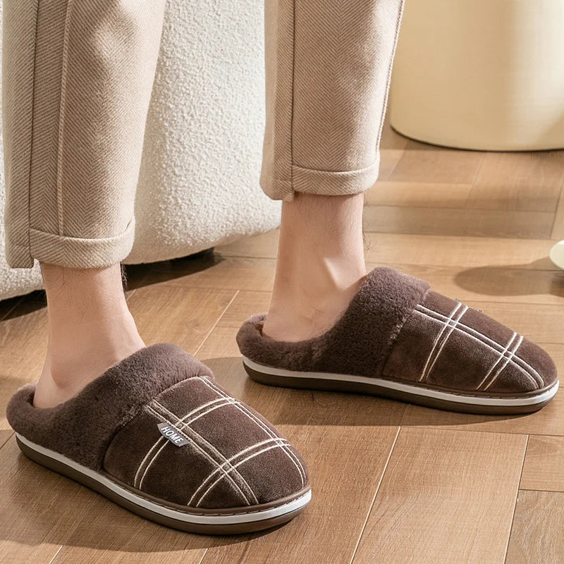 Men Home Slippers - Plaid Memory Foam - Indoor Shoes - Warm Soft Non-Slip Slippers