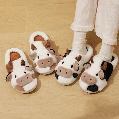 New Winter Unisex Cartoon Cow Warm Plush Slippers - Indoor Non-slip House Slides Men And Women