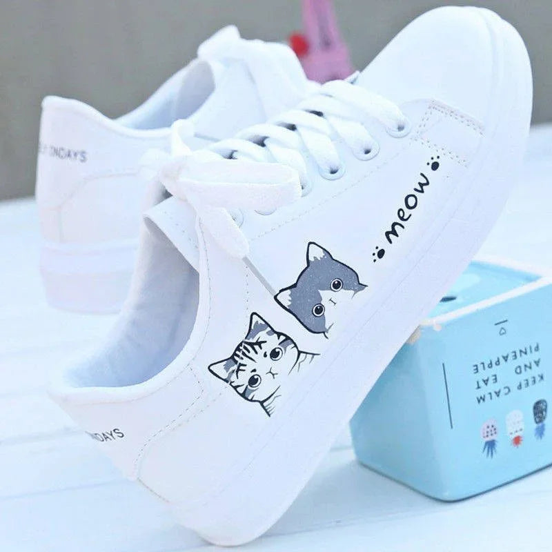 New Arrival Fashion Lace-up Women Sneakers Women Casual Shoes Printed summer Women Pu Shoes Cute Cat  Shoes