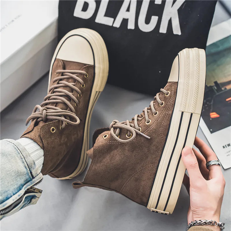 Brown Men's Canvas Shoes - High top Sneakers - Platform Vulcanized Shoes