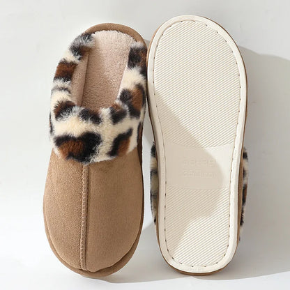 Leopard Print - Indoor Floor Slippers - Warm Plush Home Slides