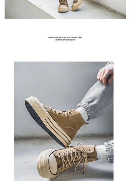 Brown Men's Canvas Shoes - High top Sneakers - Platform Vulcanized Shoes