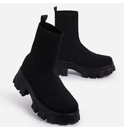 Women Boots Short Knitting Platform Boots Autumn Winter Shoes For Women Ankle Boots Heels White Winter Botas Mujer