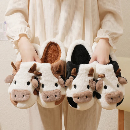 New Winter Unisex Cartoon Cow Warm Plush Slippers - Indoor Non-slip House Slides Men And Women