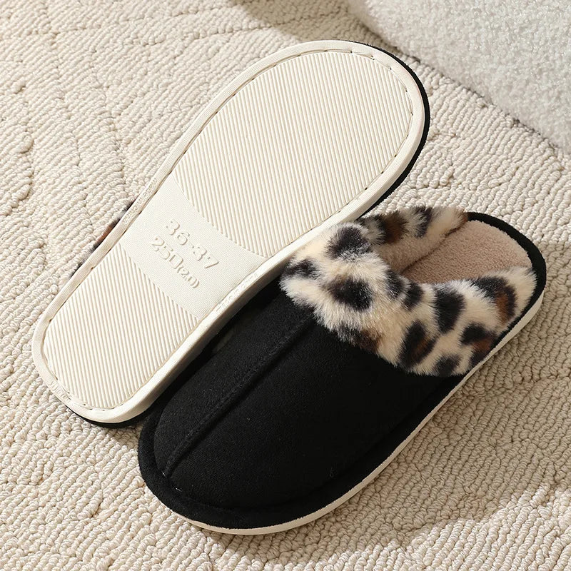 Leopard Print - Indoor Floor Slippers - Warm Plush Home Slides