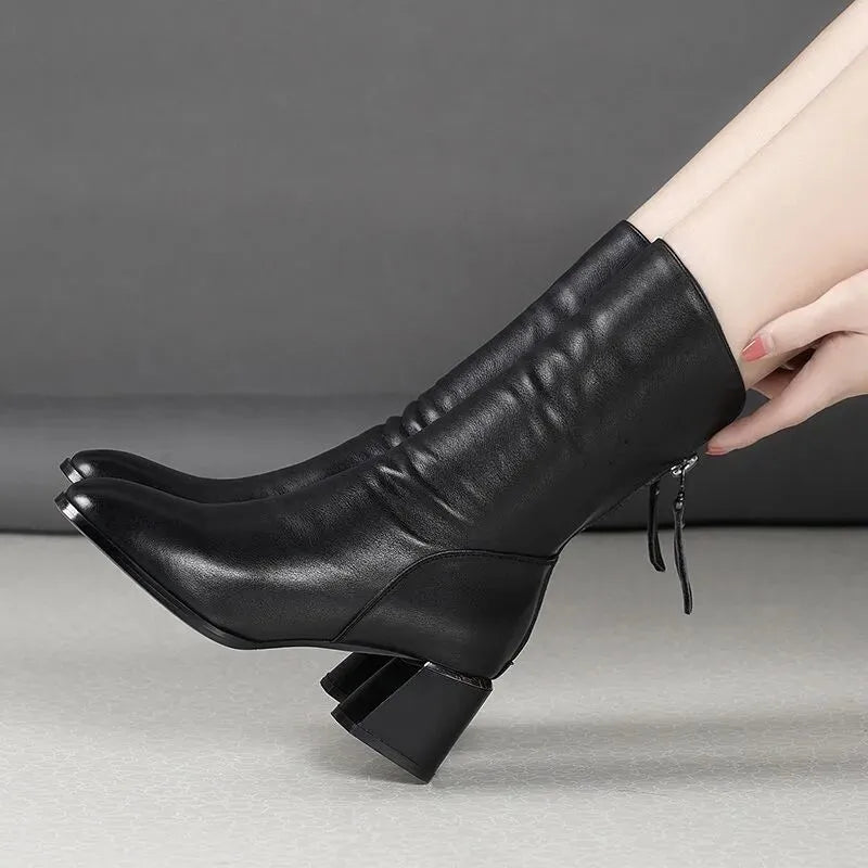 New Fashion High Heel Back Zipper Black Versatile Fashion Boots for Women External Wear Comfort Women's Boots