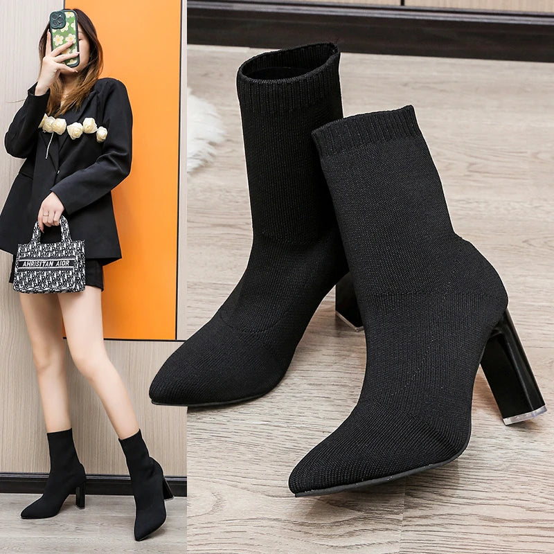 Simple Fashion Stretch Socks Boots - Women's High Heels - Socks Boots