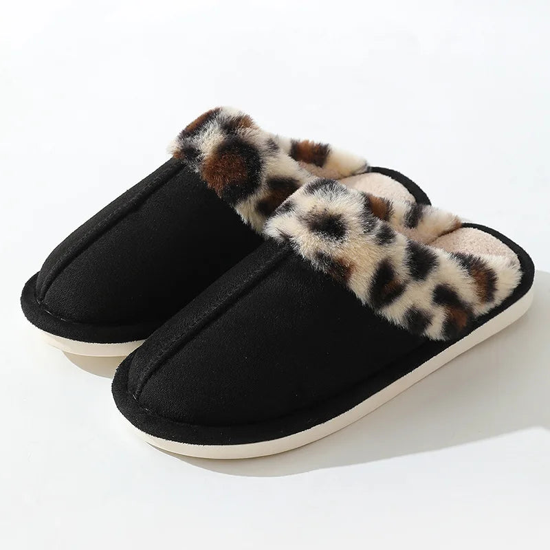 Leopard Print - Indoor Floor Slippers - Warm Plush Home Slides